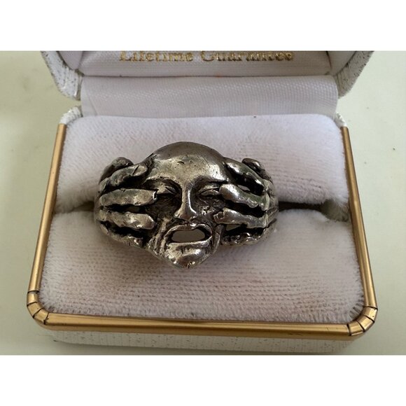 Vintage 90's Mens Sterling Silver Biker Ring Skull with hands Over Eyes Size 13 - Picture 1 of 16